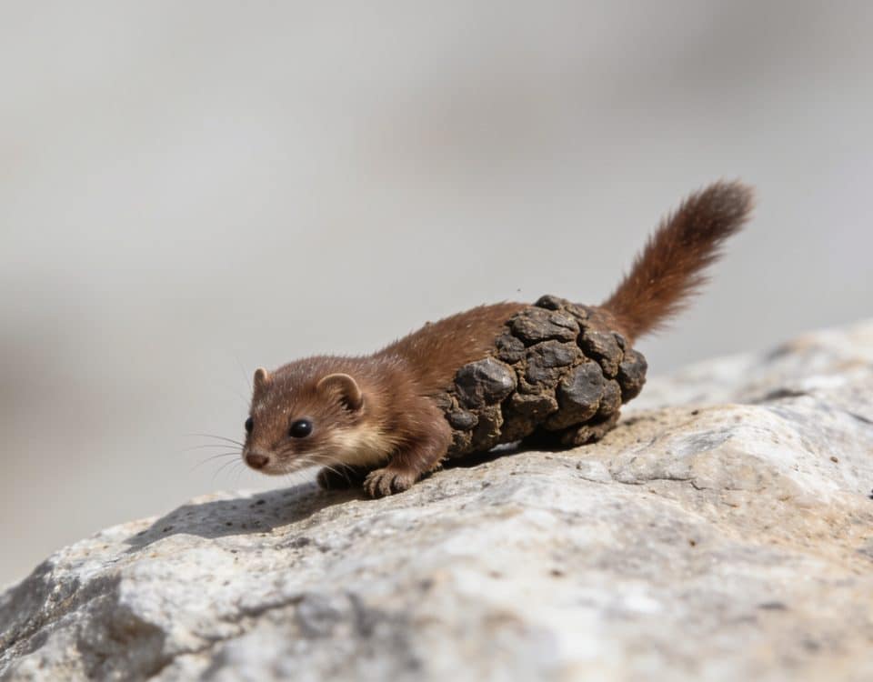Petite crotte brune de fouine sur rocher