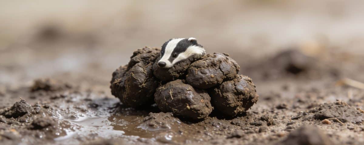 Petit amas de crottes de blaireau sur terre humide