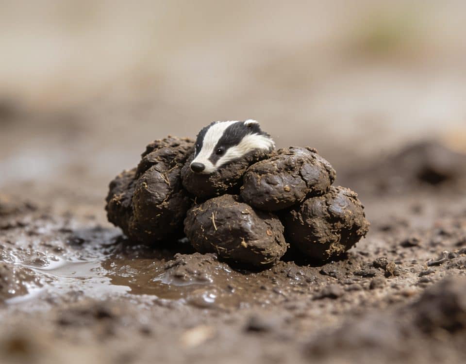 Petit amas de crottes de blaireau sur terre humide