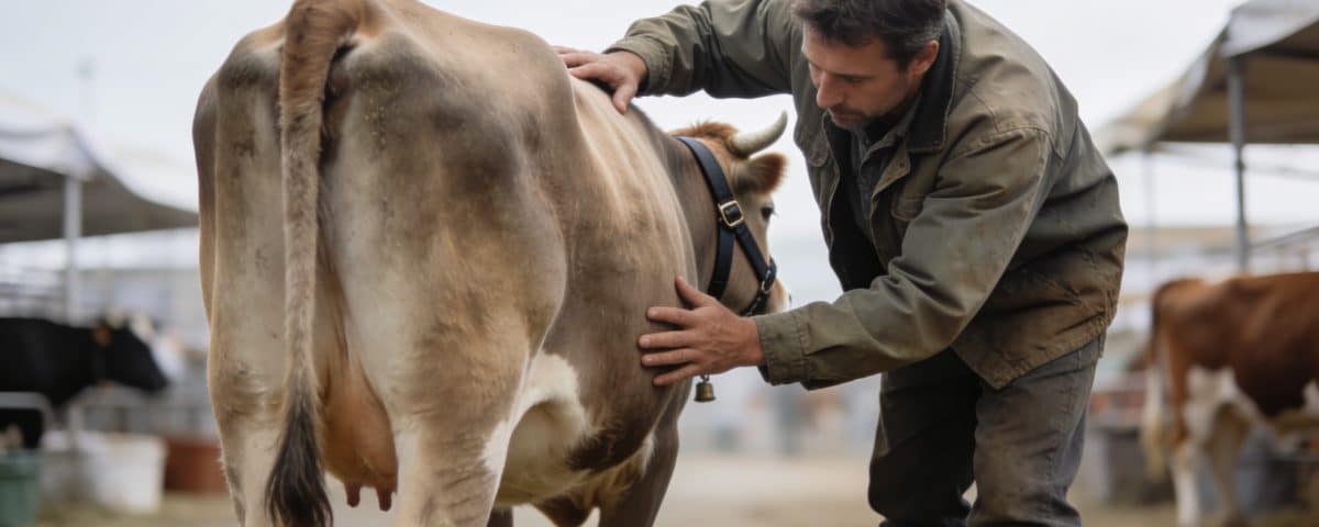 eleveur examinant une vache au marche local