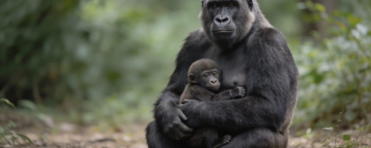 Gorille femelle assise tenant son petit bebe