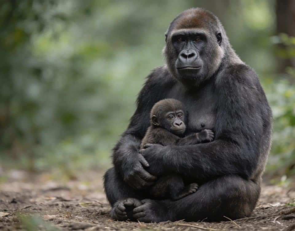 Gorille femelle assise tenant son petit bebe