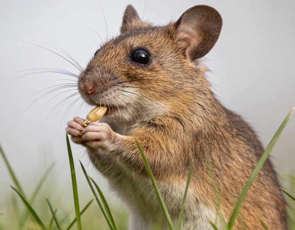 souris sauvage debout grignotant graine dans herbe