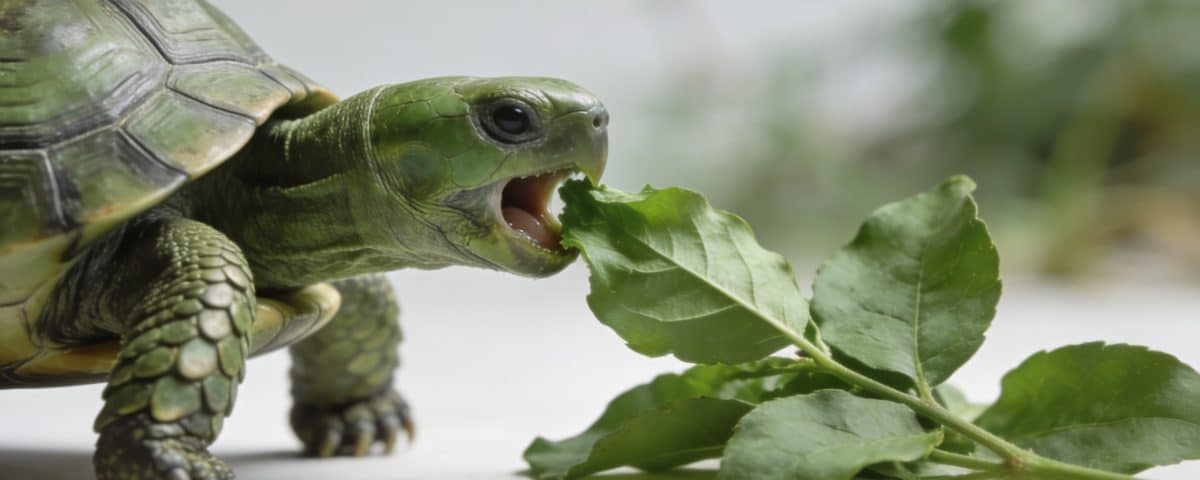 tortue verte de profil mangeant des feuilles vertes