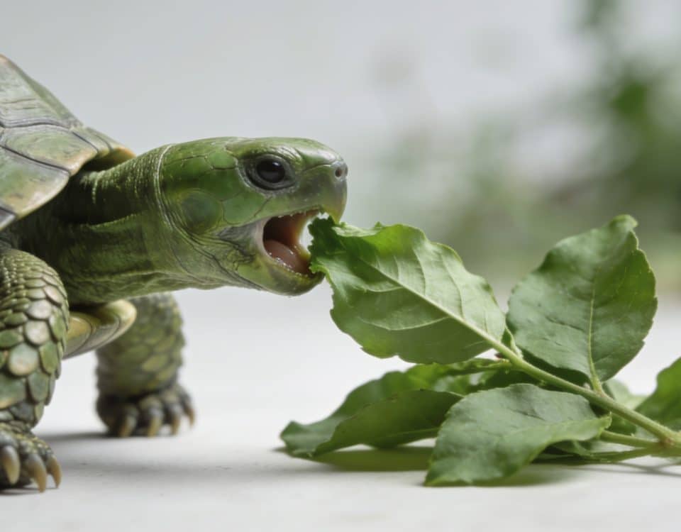 tortue verte de profil mangeant des feuilles vertes