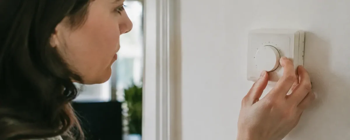Main tournant un thermostat blanc sur un mur