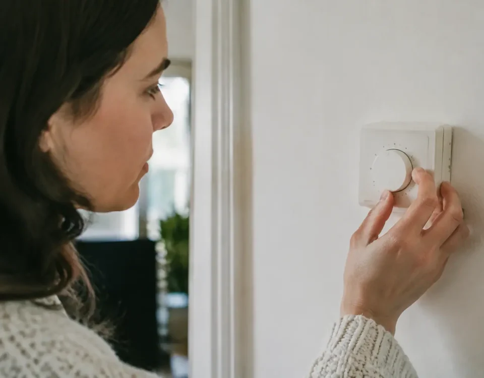 Main tournant un thermostat blanc sur un mur