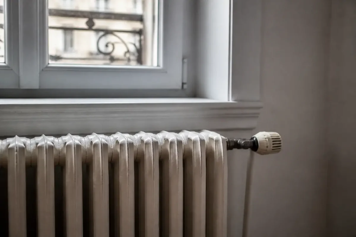 Radiateur en fonte pres d'une fenetre avec thermostat