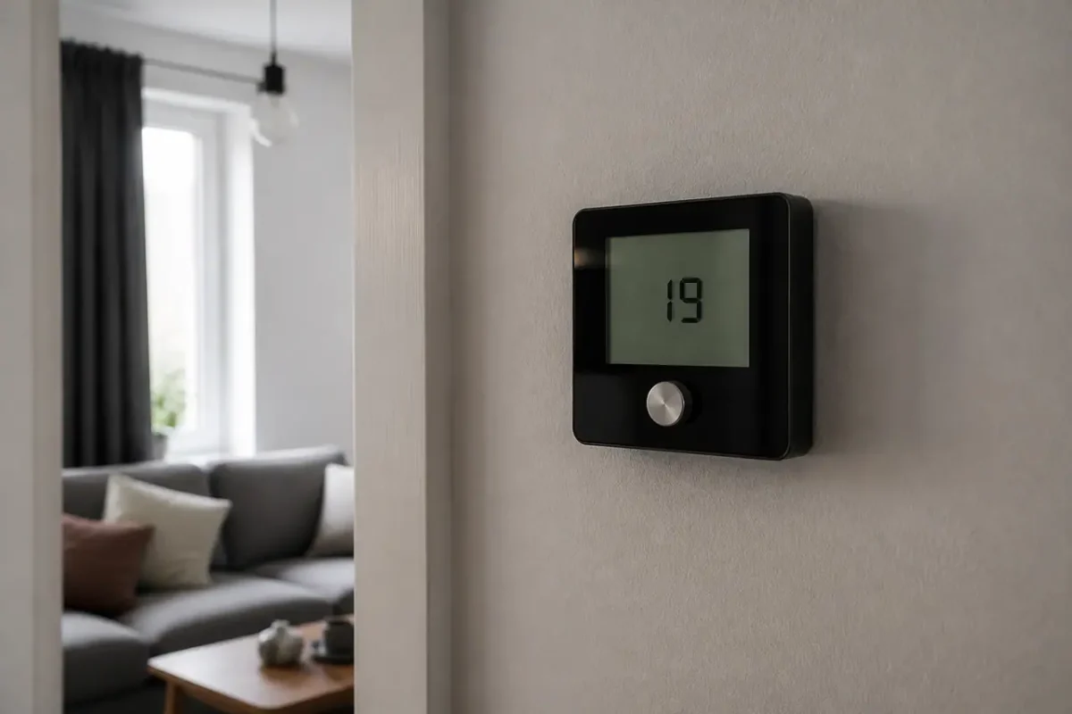 Thermostat mural numerique affichant 19 degres dans salon